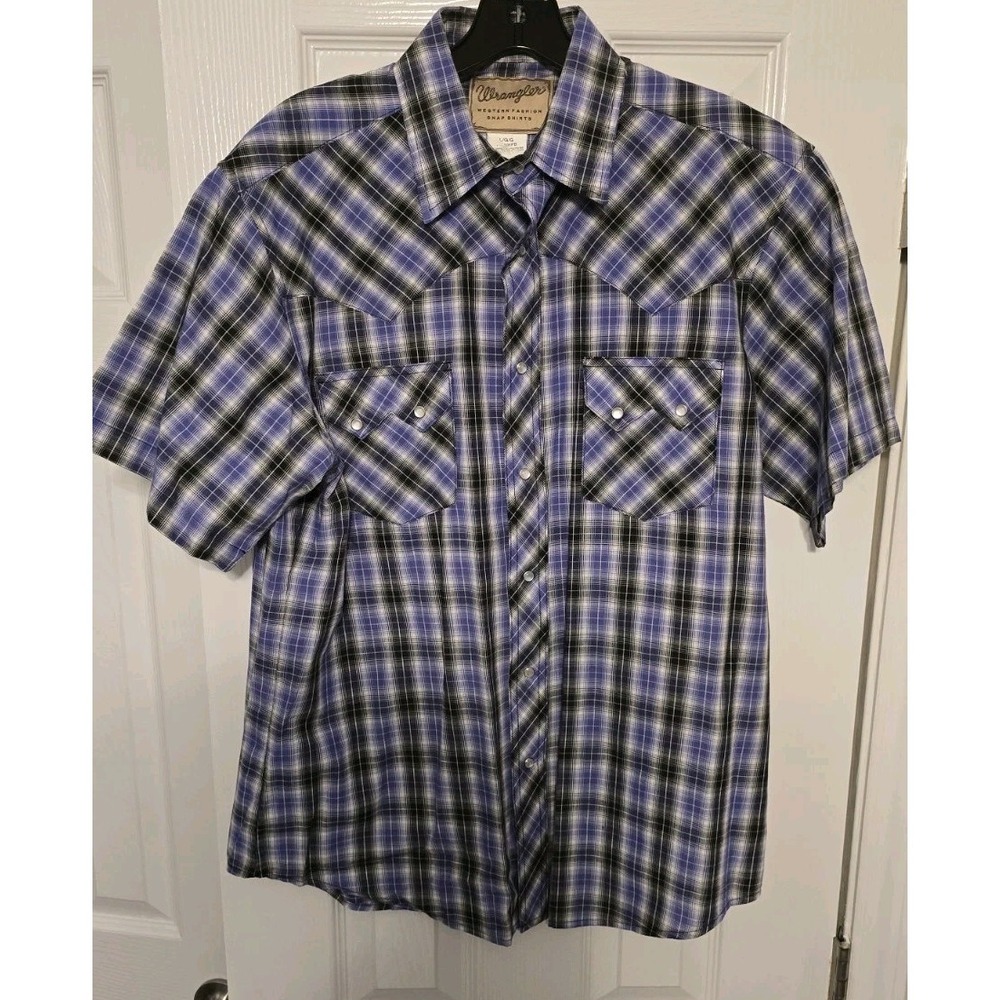 Wrangler Pearl Snap Shirt Mens Large Short Sleeve Purple Black Plaid Western